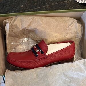 Gucci Red Leather Loafers with Blue Strap